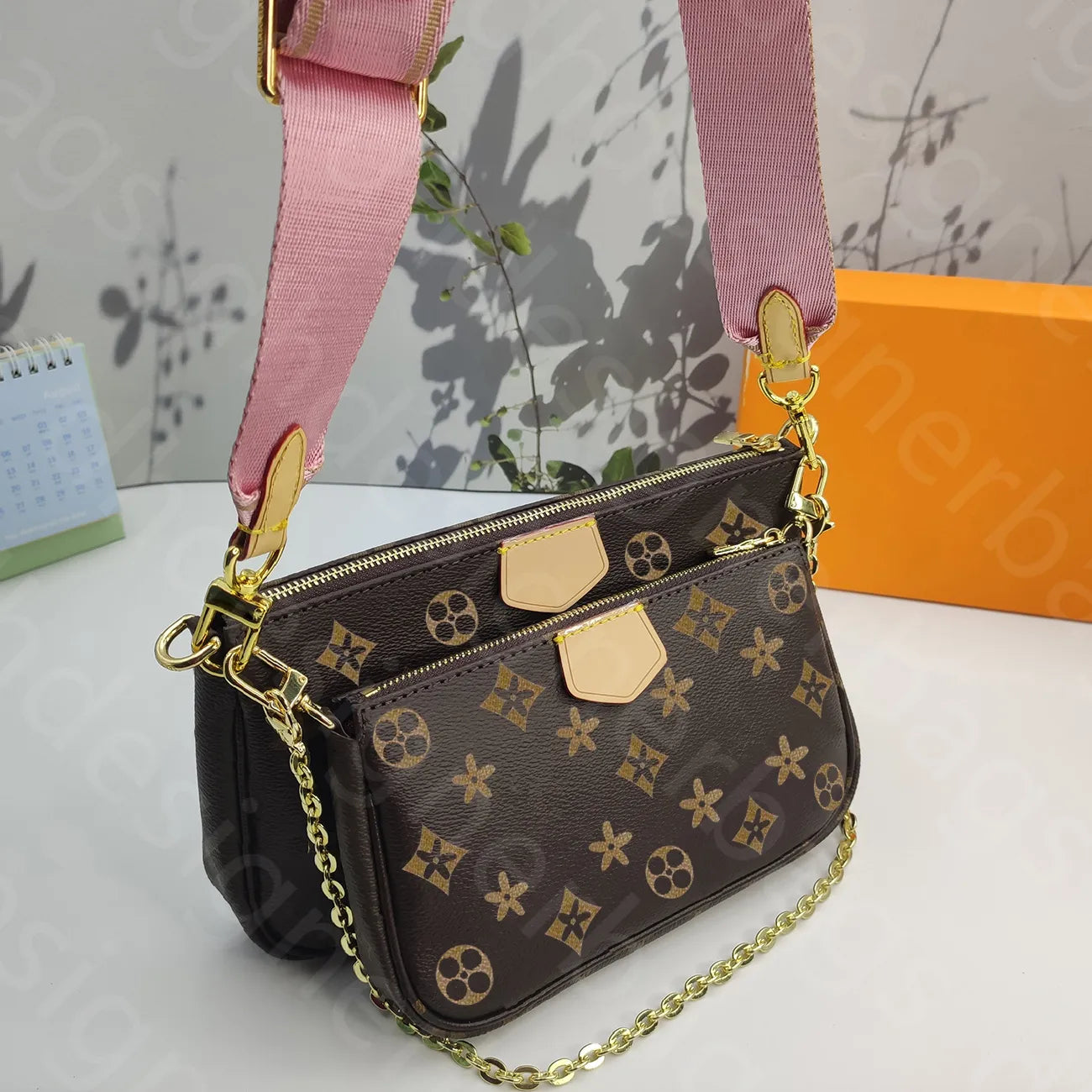 Pink Strap Crossbody Bags Designer Women Bag 3Pcs Set Purses Designer Woman Handbag Luxury Designer Shoulder Cross Body Bag Golden Chain Purse Mini Designer Wallet