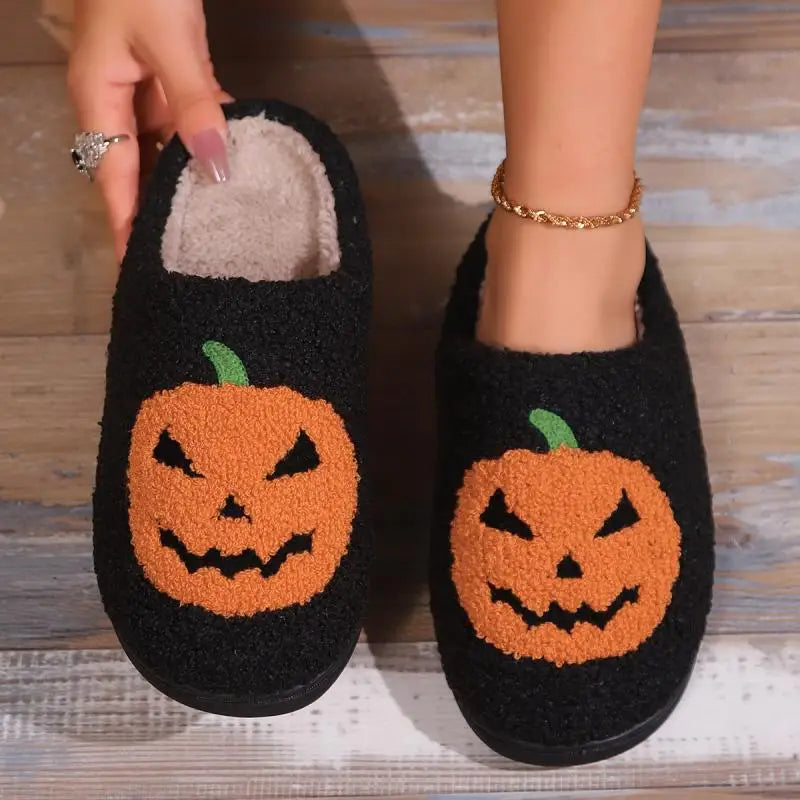 Cotton Fluffy Slippers Home Cartoon Pumpkin Platform Plush Slides Couple 2024 Funny Halloween Casual Designer Shoes Women Indoor