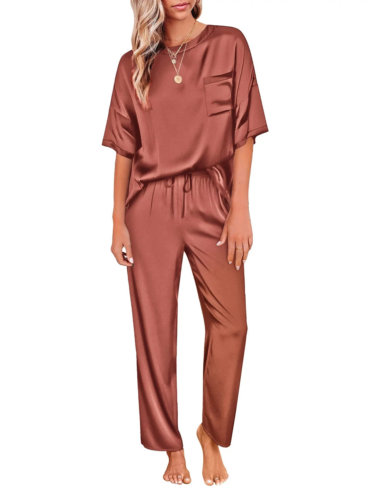 Womens Silk Satin Pajama Set Short Sleeve Shirt with Long Pajama Pant Set Two-Piece Pj Sets Soft Sleepwear Loungewear Nightwear Button-Down Pjs S-2XL, Champagne, XXL