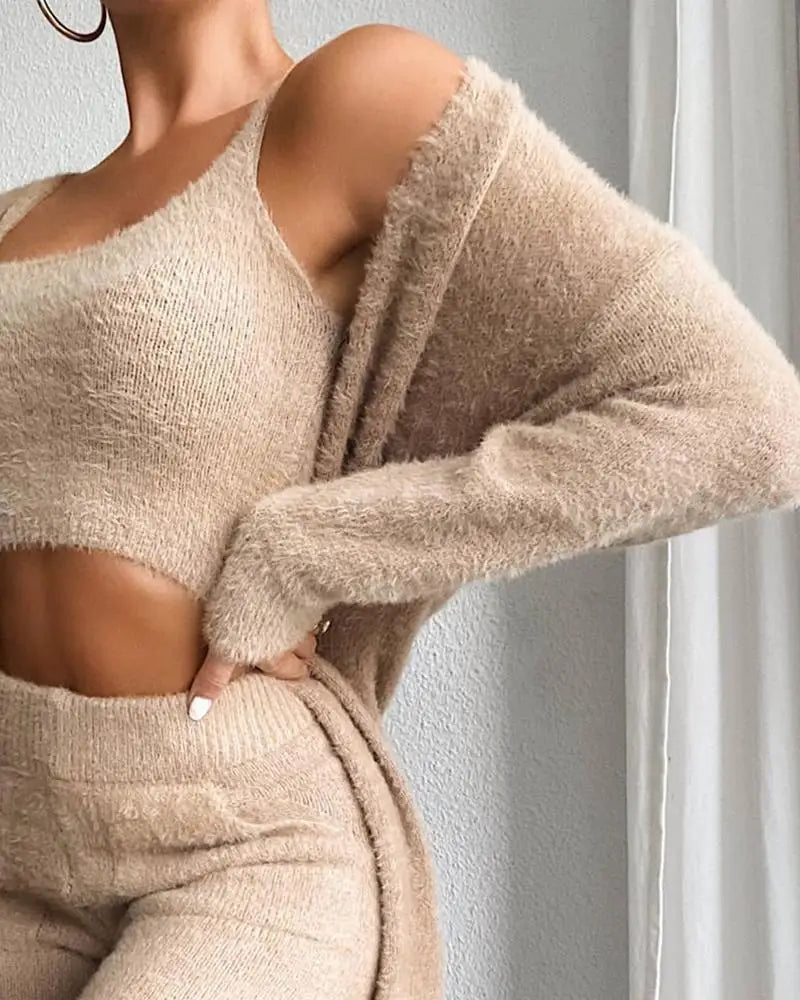 Fall Winter Fashion Women Sweater Pajamas Set Cozy Lounge Wear Fuzzy Fleece Sleepwear with Robe 3 Pieces Lounge Wear Sets