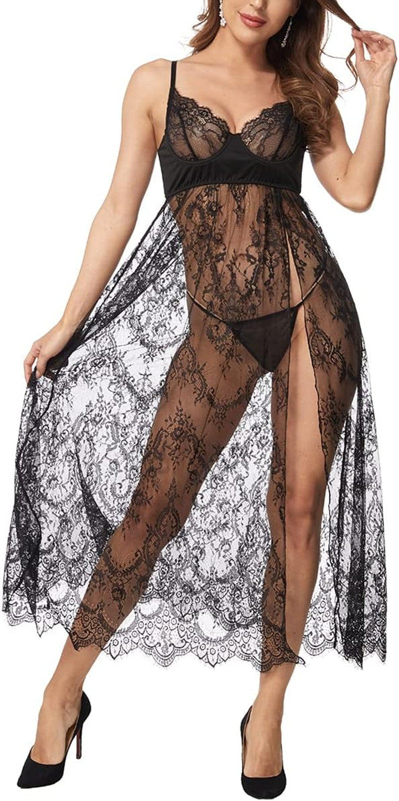 Women'S plus Size Lingerie Sexy Split Maxi Long Gown Sheer Dress